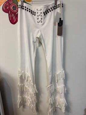 New Double D Ranch White Fringe 34" Inseam Pants, 8